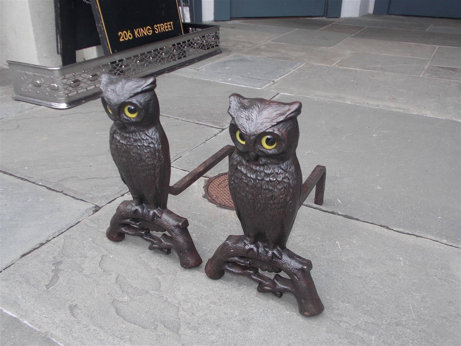 Pair of American Cast Iron Perched Owl Andirons, Boston, Circa 1900 In Excellent Condition In Charleston, SC