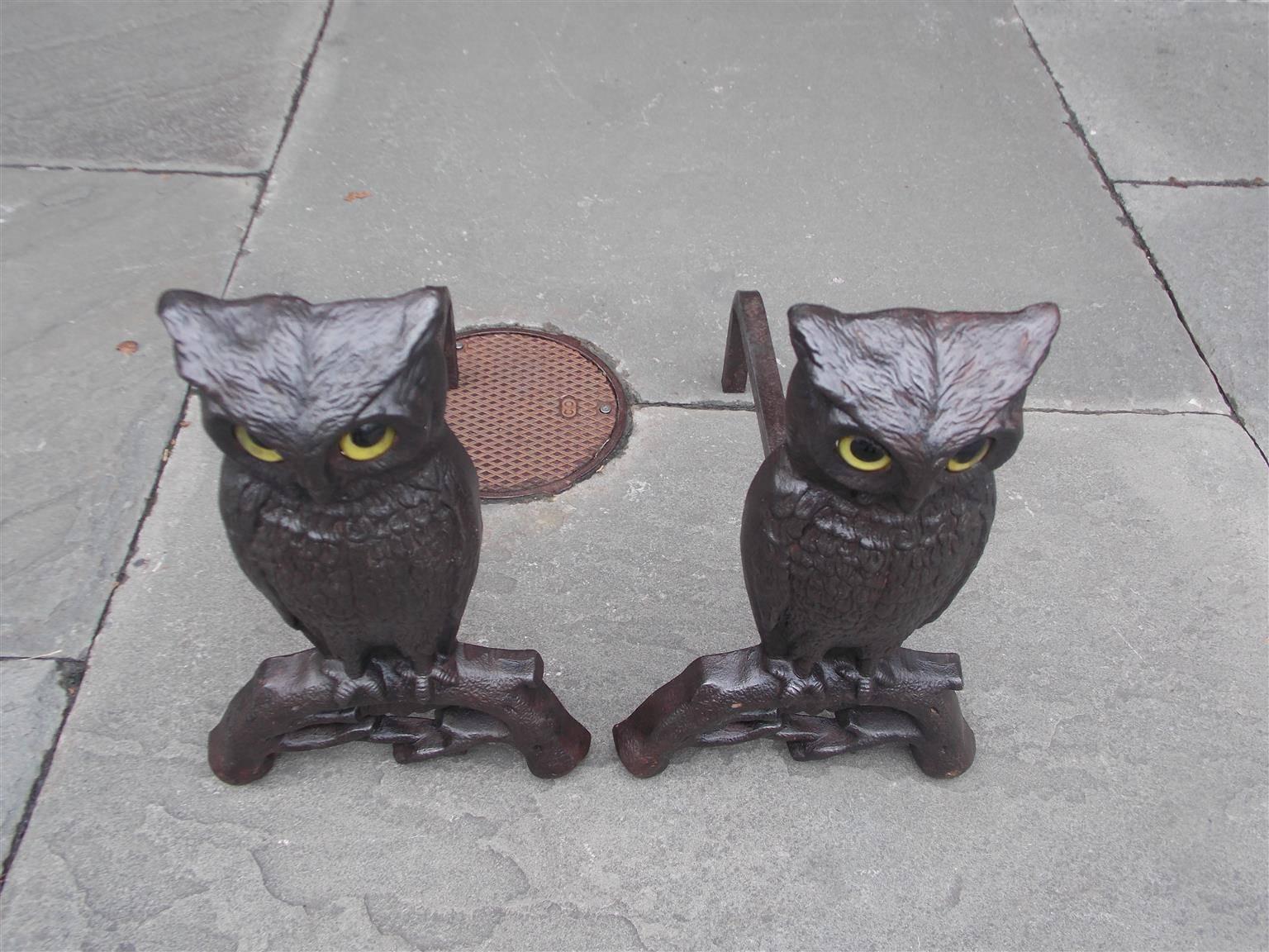 20th Century Pair of American Cast Iron Perched Owl Andirons, Boston, Circa 1900