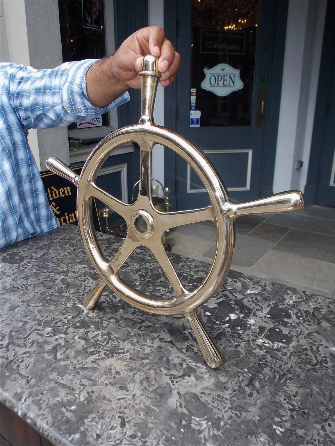 American Empire American Solid Brass Five Spoke Ringed Yacht Wheel, Circa 1870 For Sale
