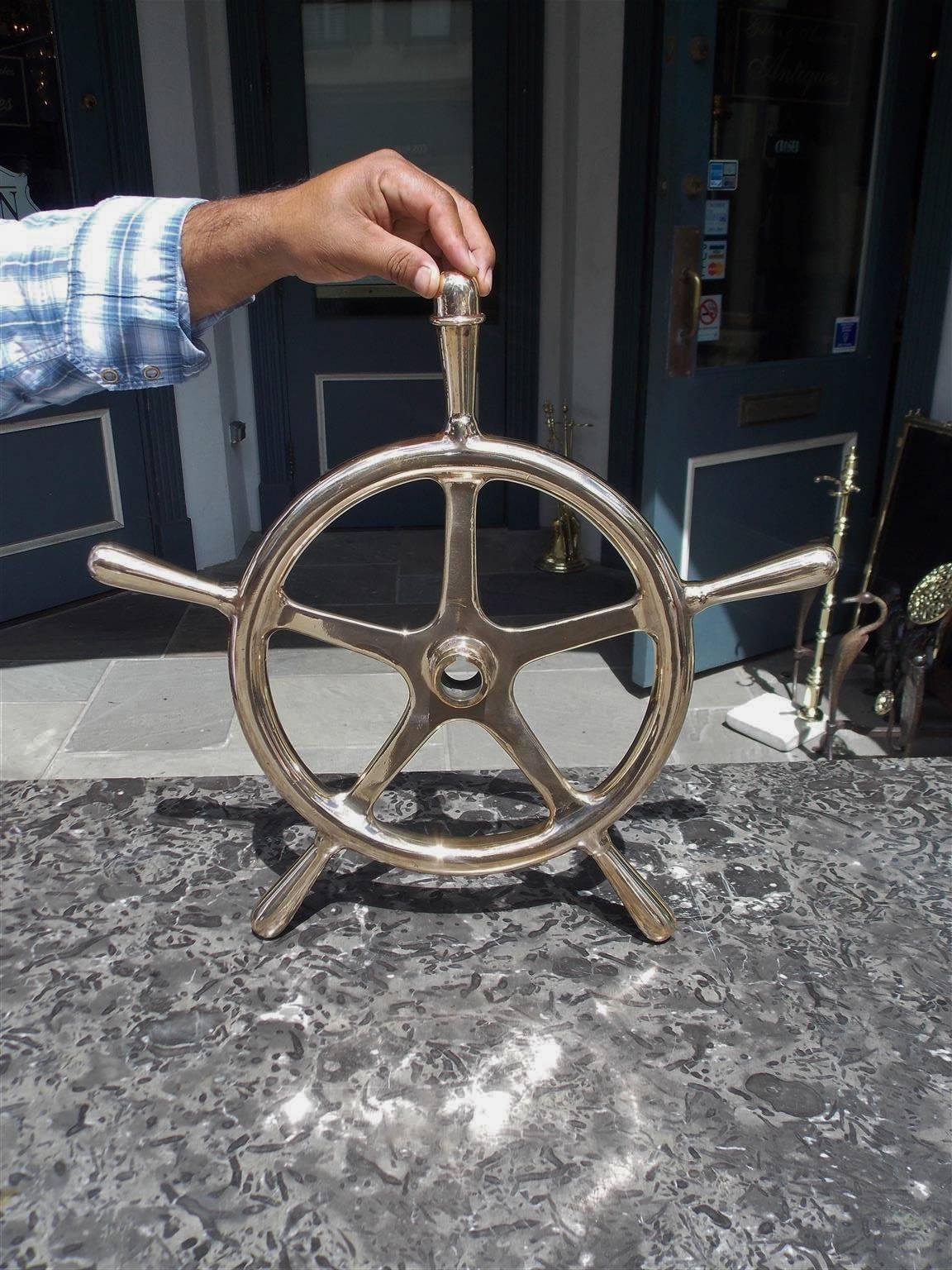 Cast American Solid Brass Five Spoke Ringed Yacht Wheel, Circa 1870 For Sale