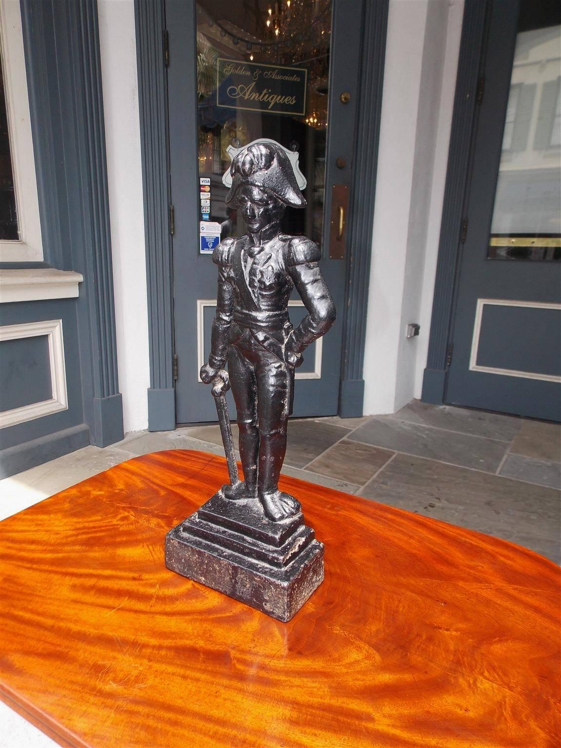 American Cast Iron Napoleon Doorstop Standing on a Step Back Plinth, Circa 1870 In Excellent Condition For Sale In Hollywood, SC