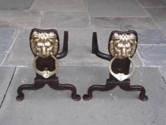 Pair of English Lion Brass & Wrought Iron Andirons with Penny Feet, Circa 1780