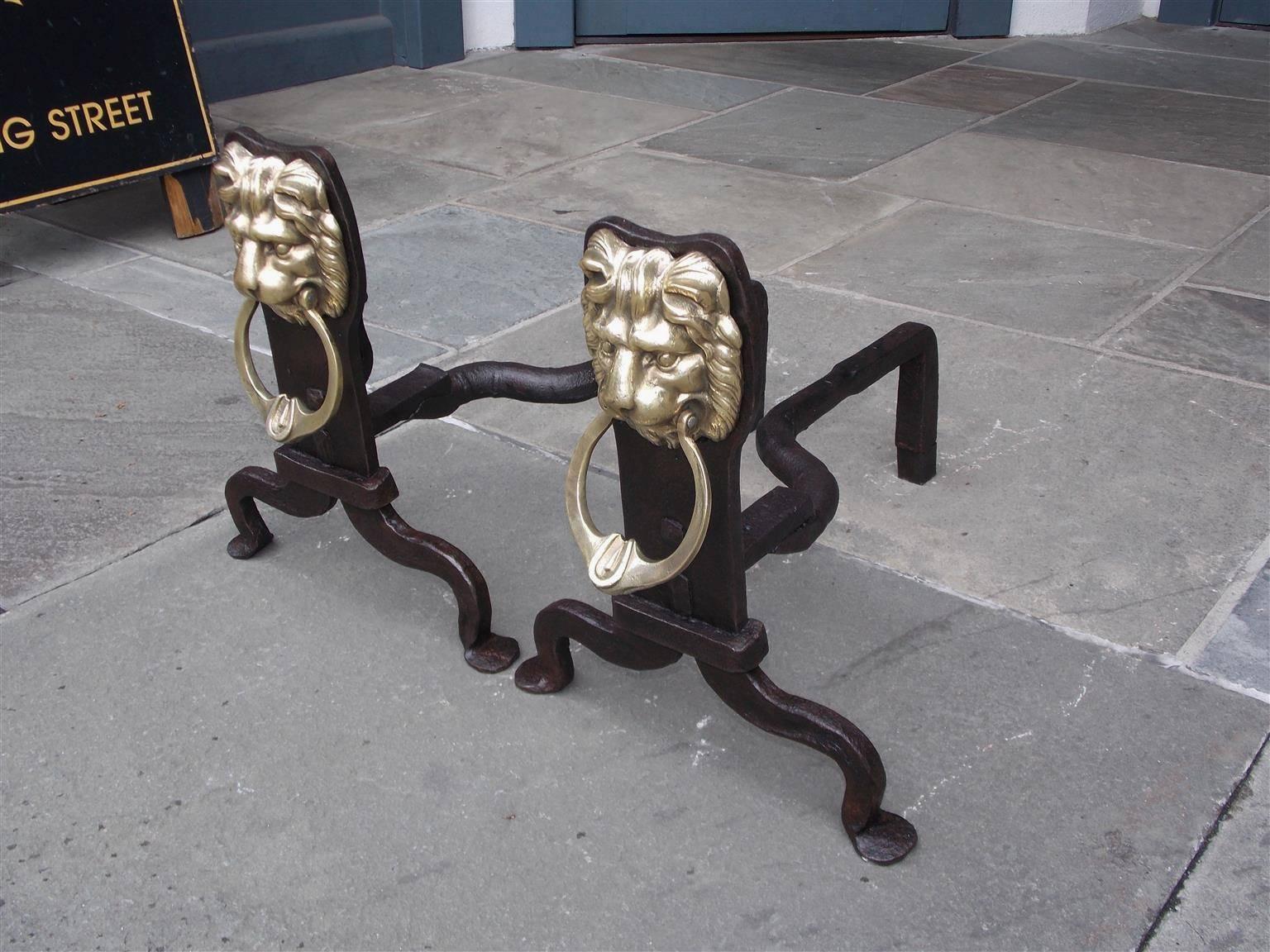 George III Pair of English Lion Brass & Wrought Iron Andirons with Penny Feet, Circa 1780