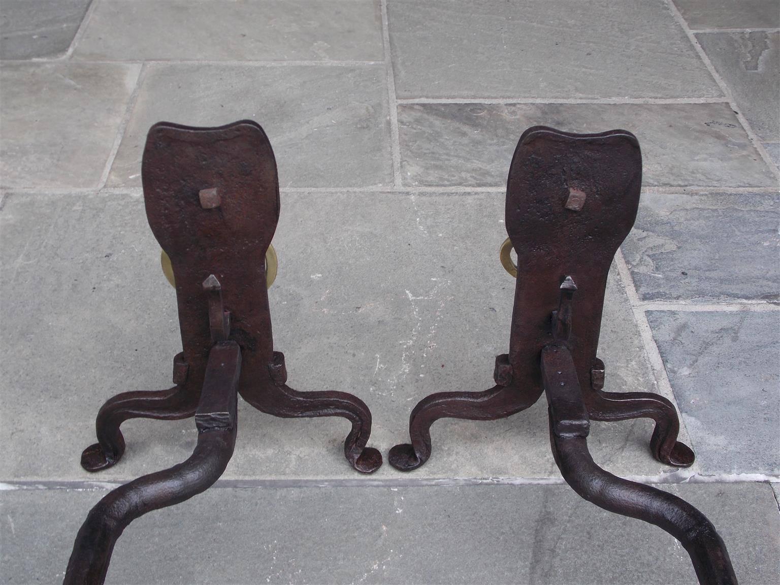 Pair of English Lion Brass & Wrought Iron Andirons with Penny Feet, Circa 1780 In Excellent Condition In Hollywood, SC