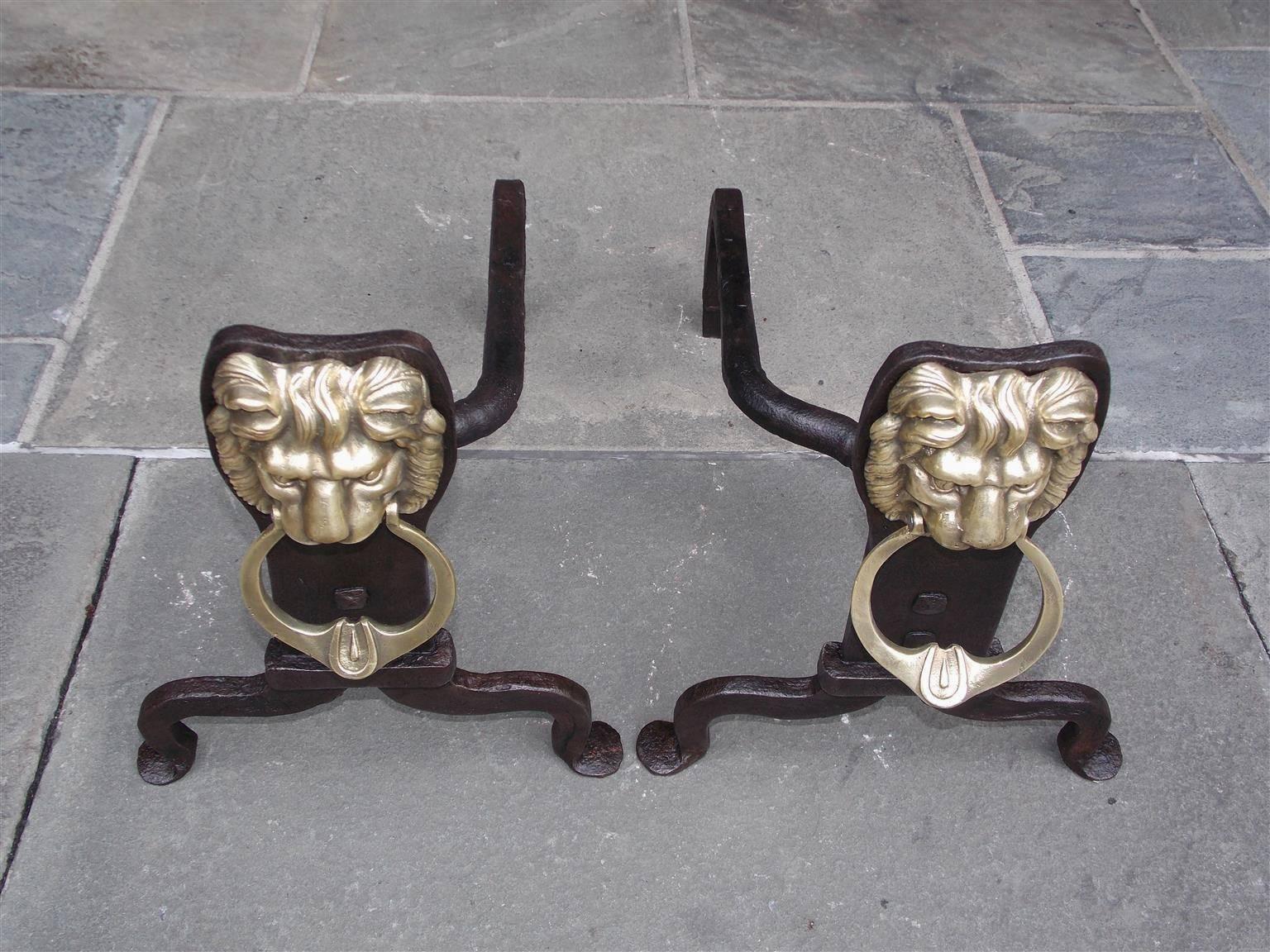 Cast Pair of English Lion Brass & Wrought Iron Andirons with Penny Feet, Circa 1780