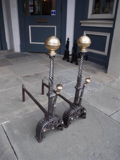 Pair of English Brass Ball Top and Wrought Iron Chased Andirons, Circa 1780