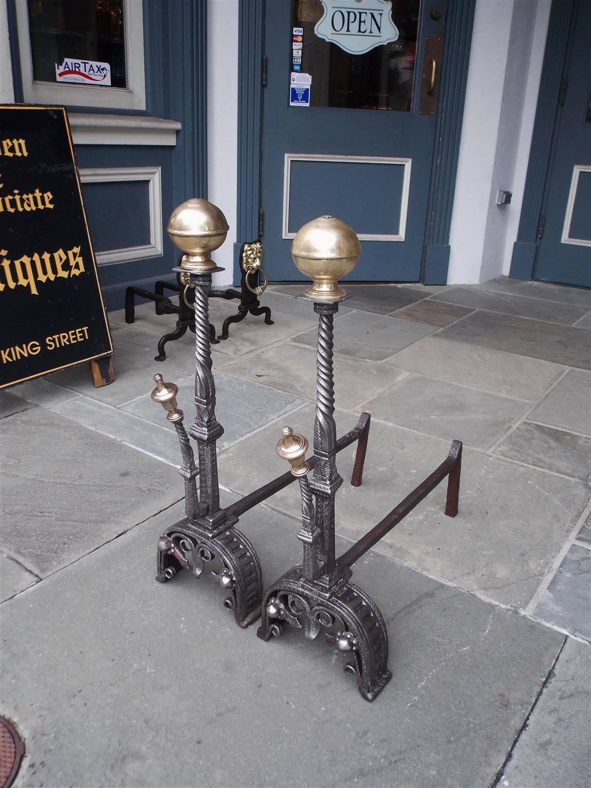 George III Pair of English Brass Ball Top and Wrought Iron Chased Andirons, Circa 1780 For Sale