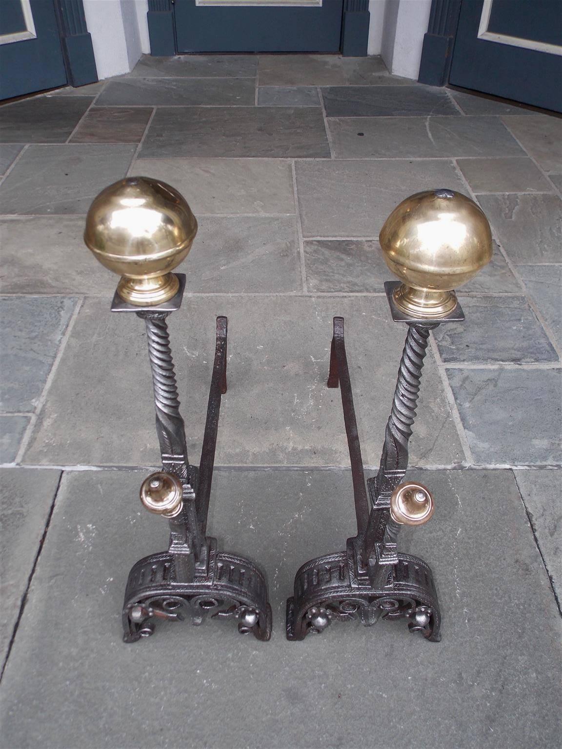 Cast Pair of English Brass Ball Top and Wrought Iron Chased Andirons, Circa 1780 For Sale