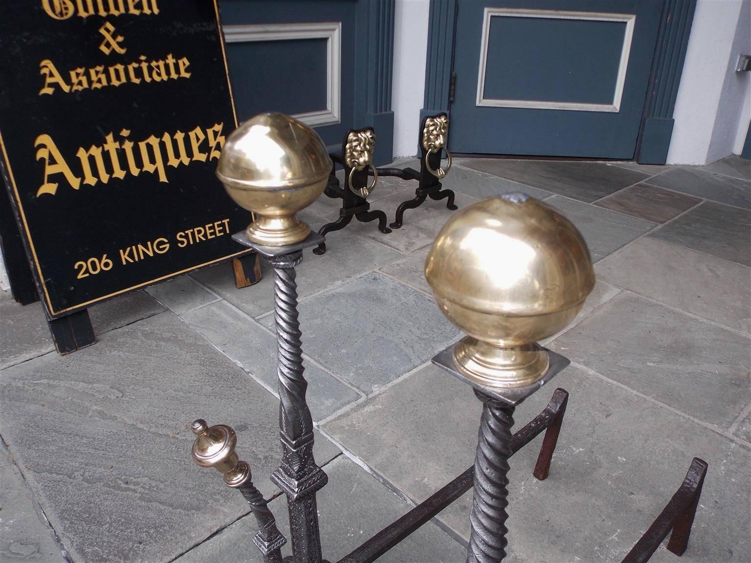 Pair of English Brass Ball Top and Wrought Iron Chased Andirons, Circa 1780 In Excellent Condition For Sale In Hollywood, SC