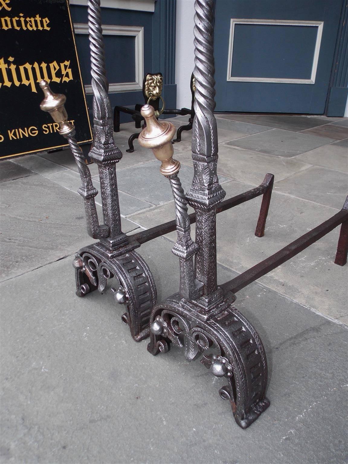 Late 18th Century Pair of English Brass Ball Top and Wrought Iron Chased Andirons, Circa 1780 For Sale