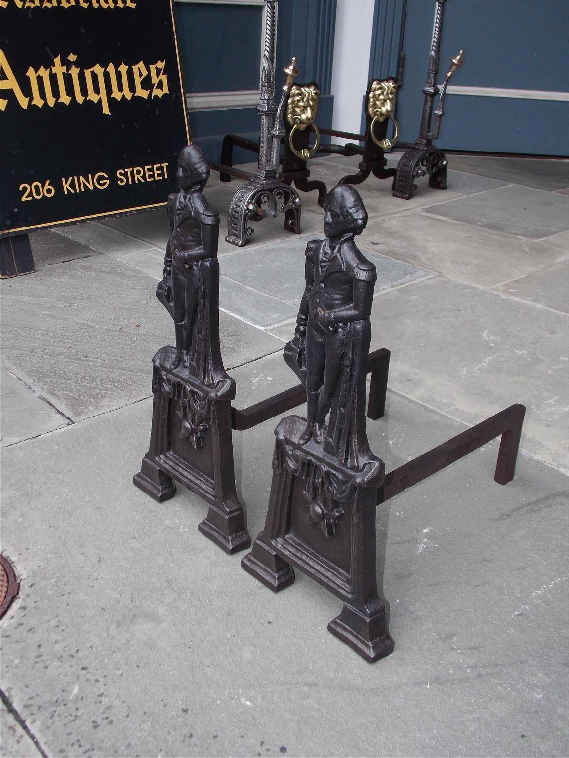 Pair of American Cast Iron George Washington Campaign Andirons, Circa 1840 In Excellent Condition For Sale In Hollywood, SC