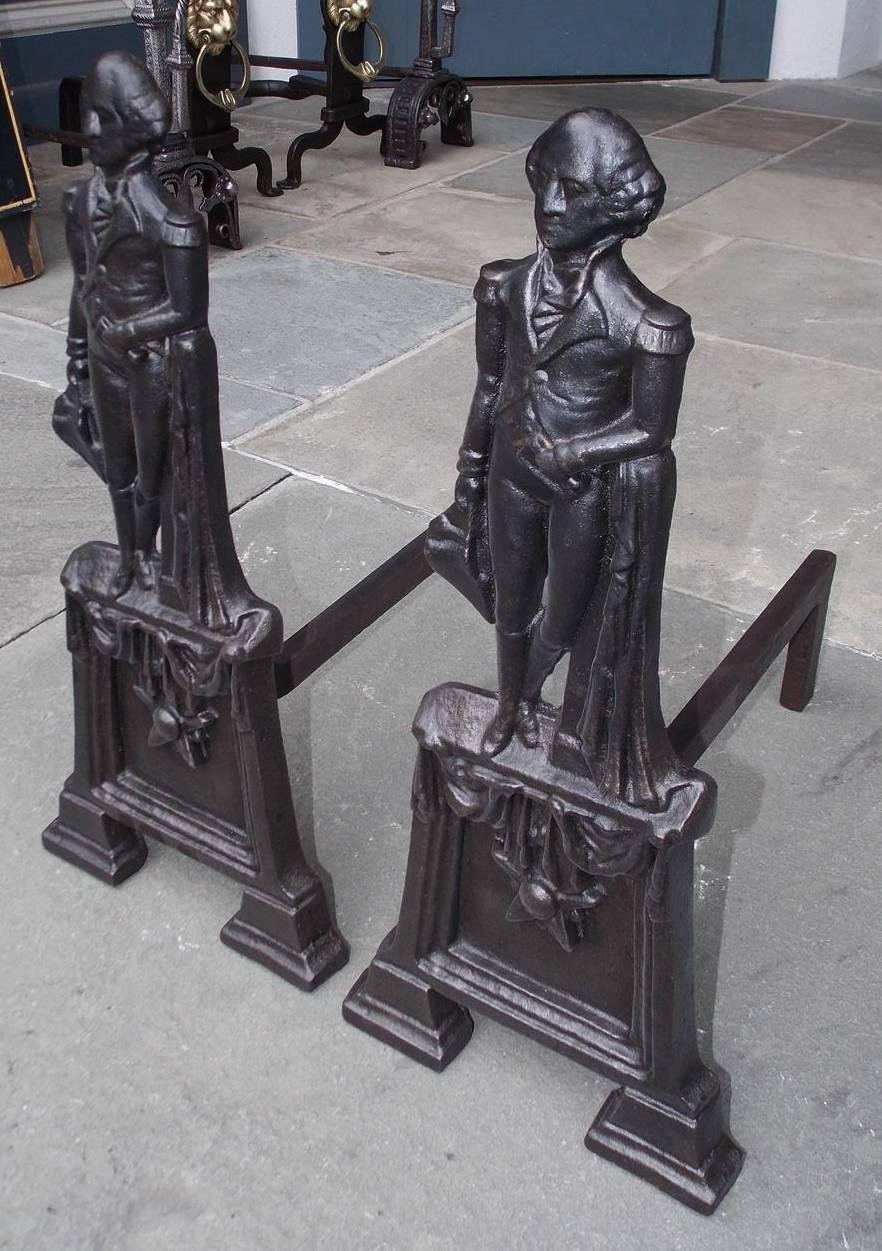 Mid-19th Century Pair of American Cast Iron George Washington Campaign Andirons, Circa 1840 For Sale