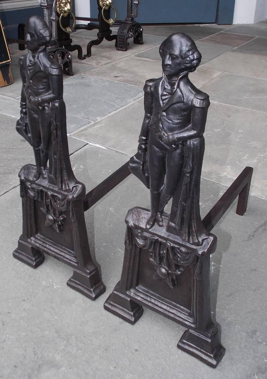 Pair of American Cast Iron George Washington Campaign Andirons, Circa 1840 In Excellent Condition For Sale In Charleston, SC