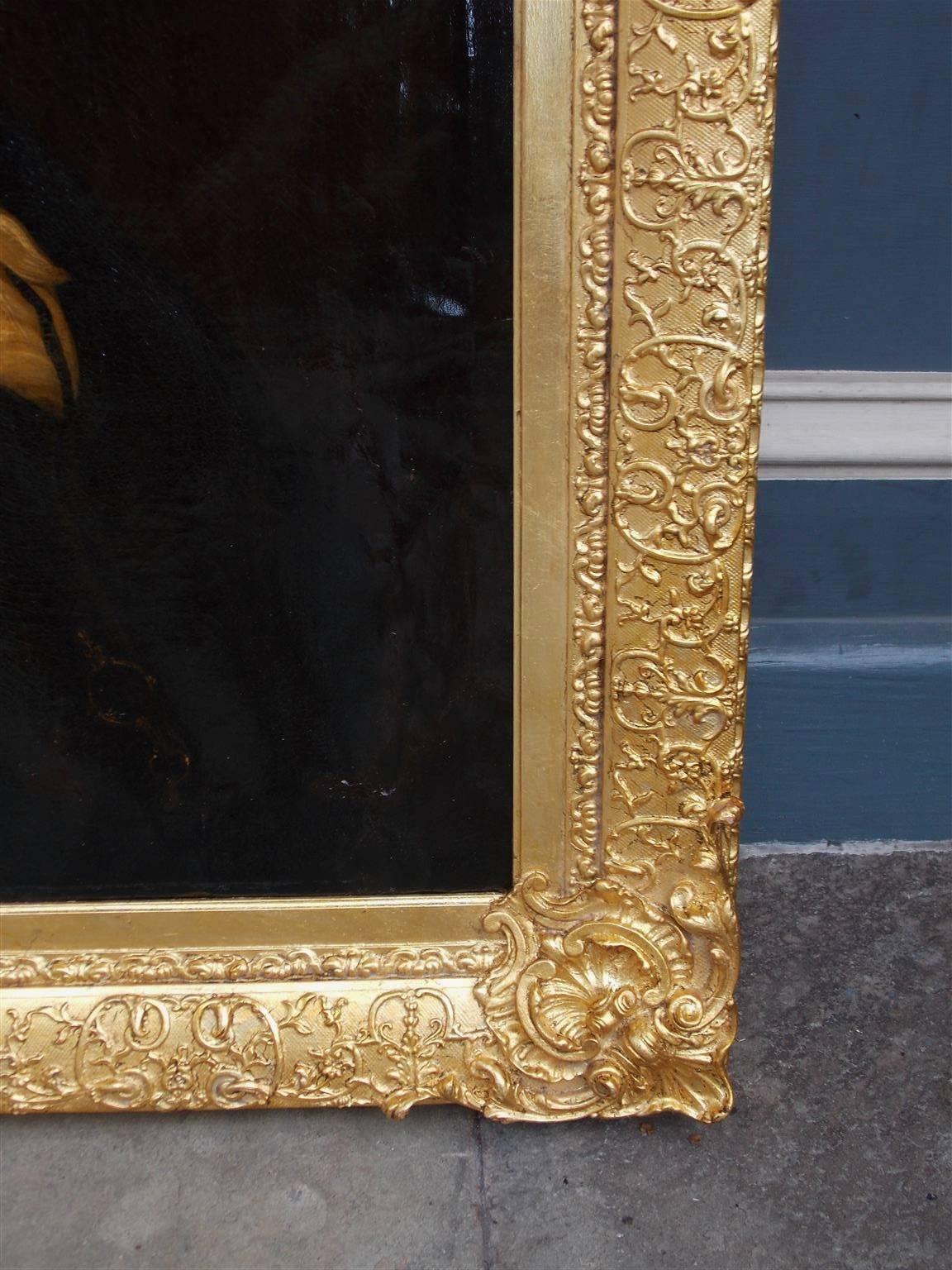 Pareja de retratos americanos al óleo sobre lienzo con marco dorado, S.C., circa 1770  Gesso en venta