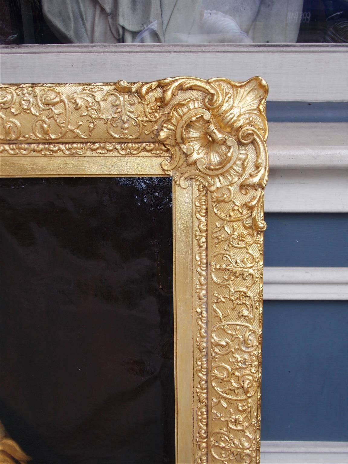 Pareja de retratos americanos al óleo sobre lienzo con marco dorado, S.C., circa 1770  Tallado a mano en venta