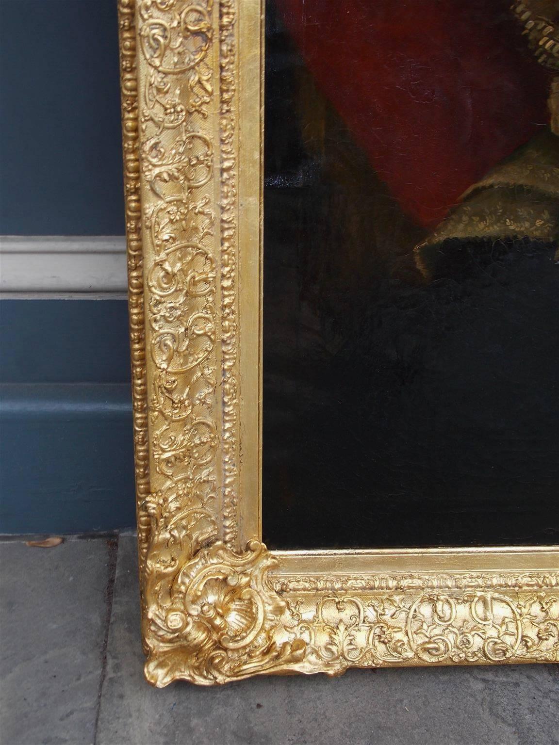 Pareja de retratos americanos al óleo sobre lienzo con marco dorado, S.C., circa 1770  finales del siglo XVIII en venta