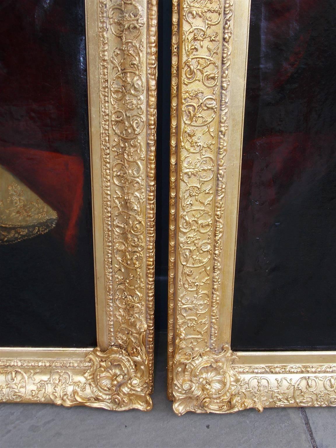 Late 18th Century Pair of American Oil on Canvas Gilt Framed Portraits, S.C., Circa 1770  For Sale
