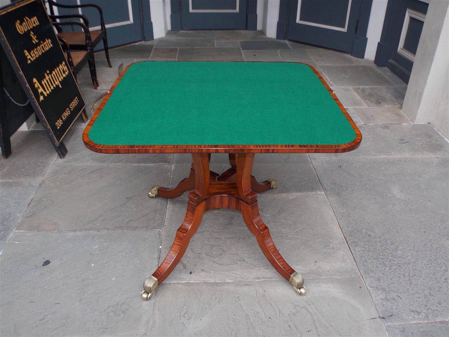 Brass English Regency Figured Kingswood and Ebony Inlaid Hinged Game Table, C. 1810 For Sale