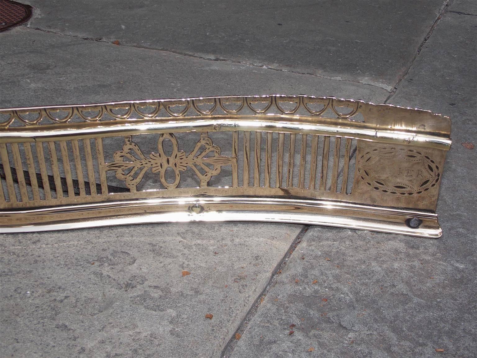 Late 18th Century English Brass Serpentine Engraved Pierced Gallery Fire Fender, Circa 1780