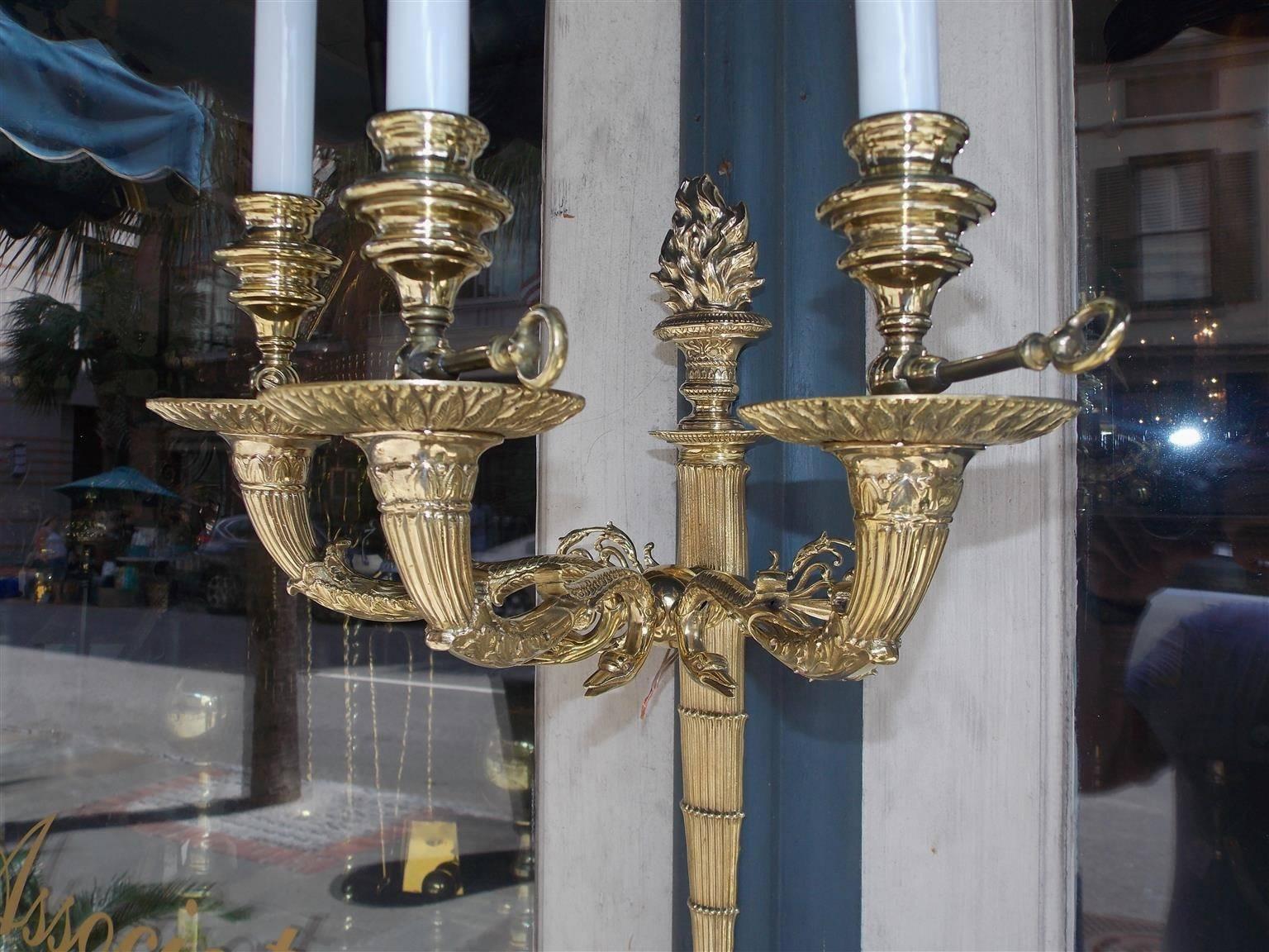 Pair of French Brass Flame Finial and Swan Motif Wall Sconces, Circa 1840 In Excellent Condition In Hollywood, SC