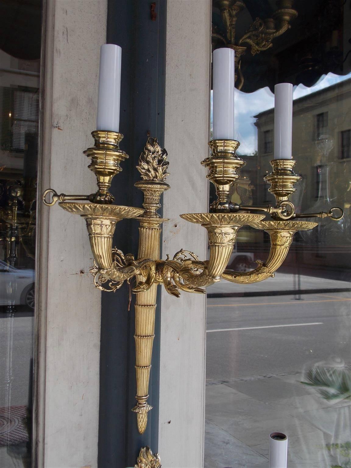 Cast Pair of French Brass Flame Finial and Swan Motif Wall Sconces, Circa 1840