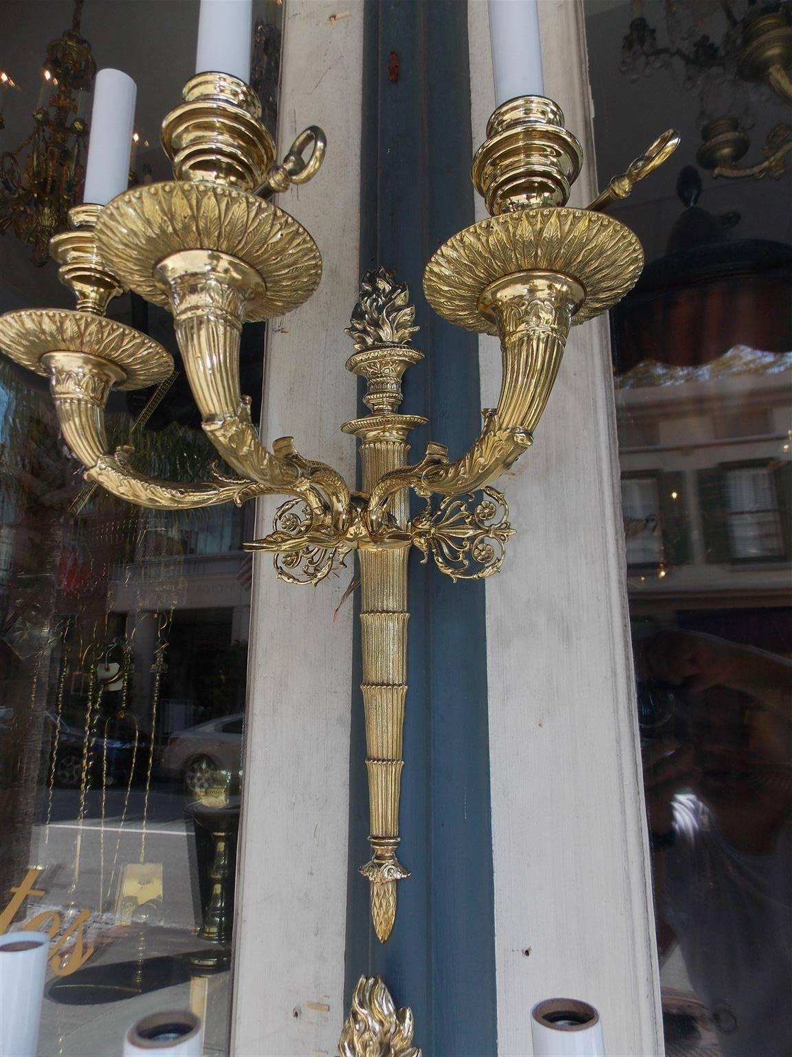 Mid-19th Century Pair of French Brass Flame Finial and Swan Motif Wall Sconces, Circa 1840