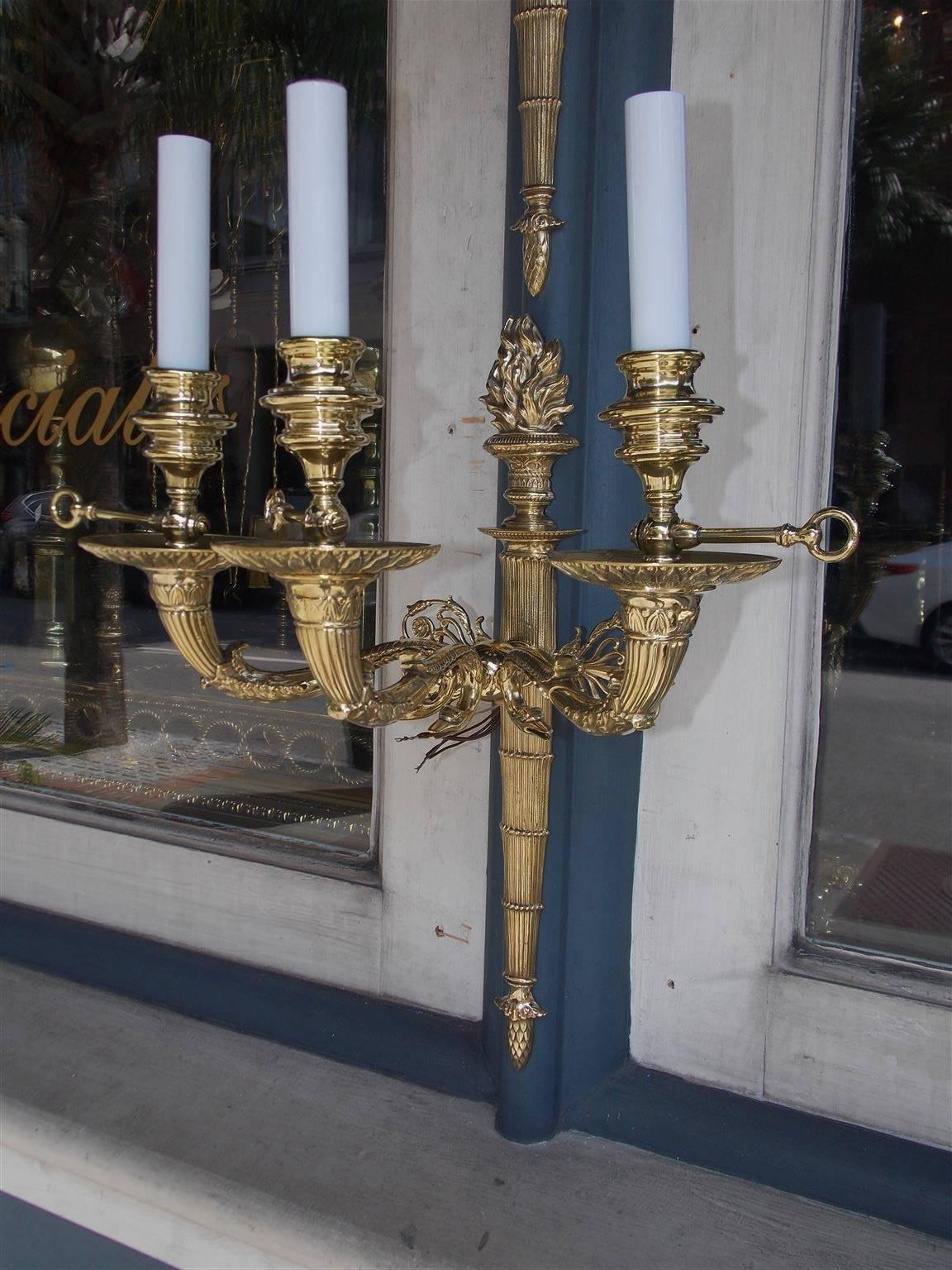 Pair of French Brass Flame Finial and Swan Motif Wall Sconces, Circa 1840 1