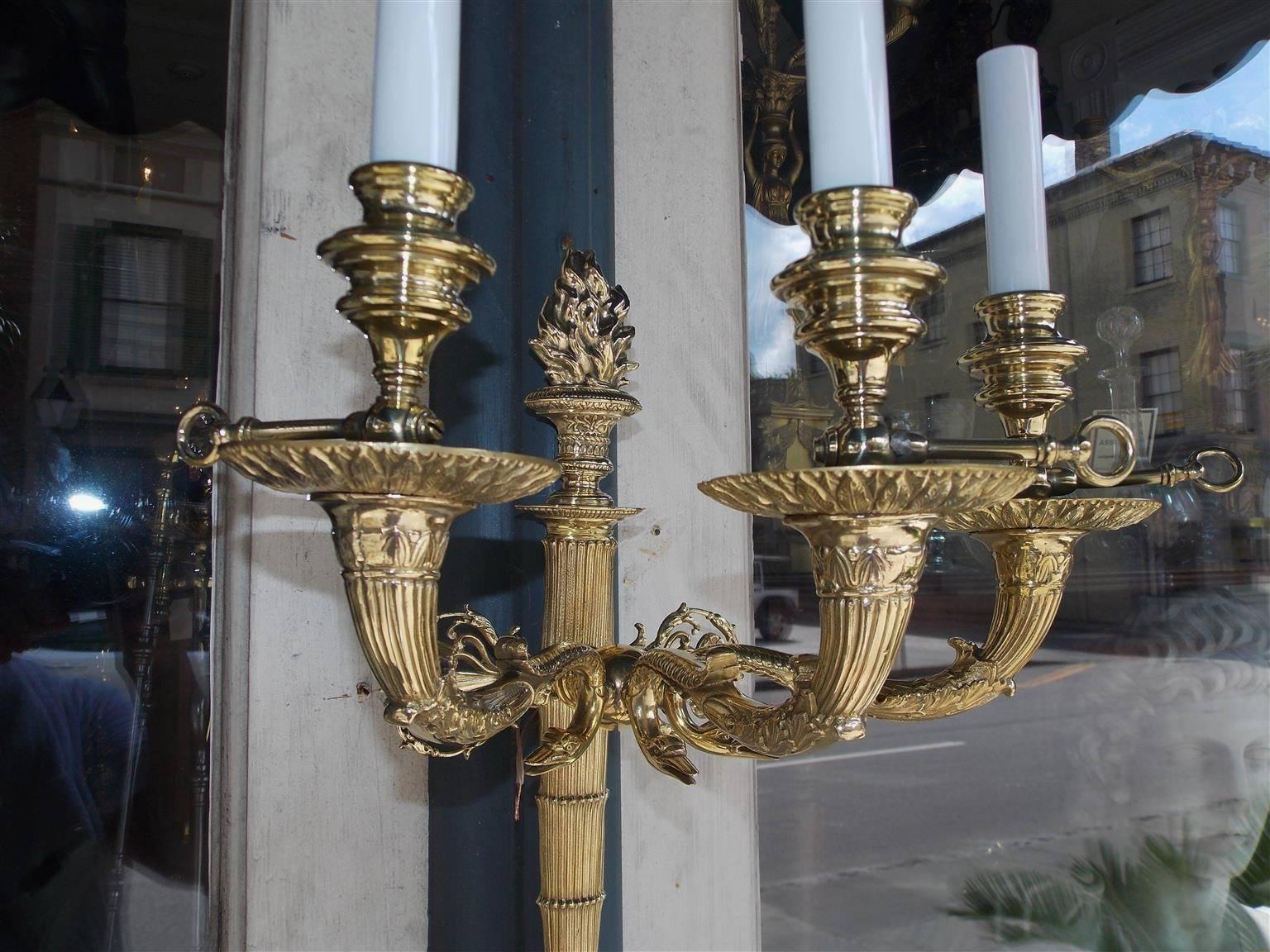 Pair of French Brass Flame Finial and Swan Motif Wall Sconces, Circa 1840 3