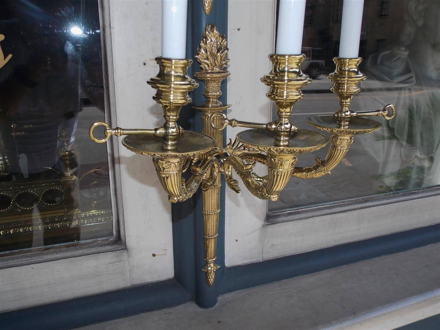Pair of French Brass Flame Finial and Swan Motif Wall Sconces, Circa 1840 2
