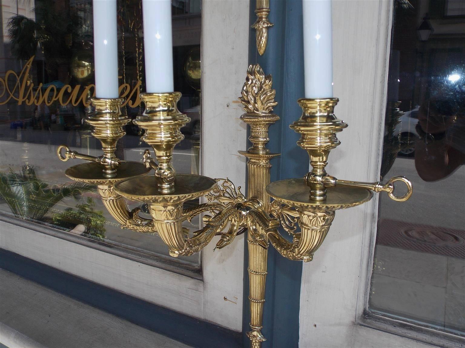 Pair of French Brass Flame Finial and Swan Motif Wall Sconces, Circa 1840 4