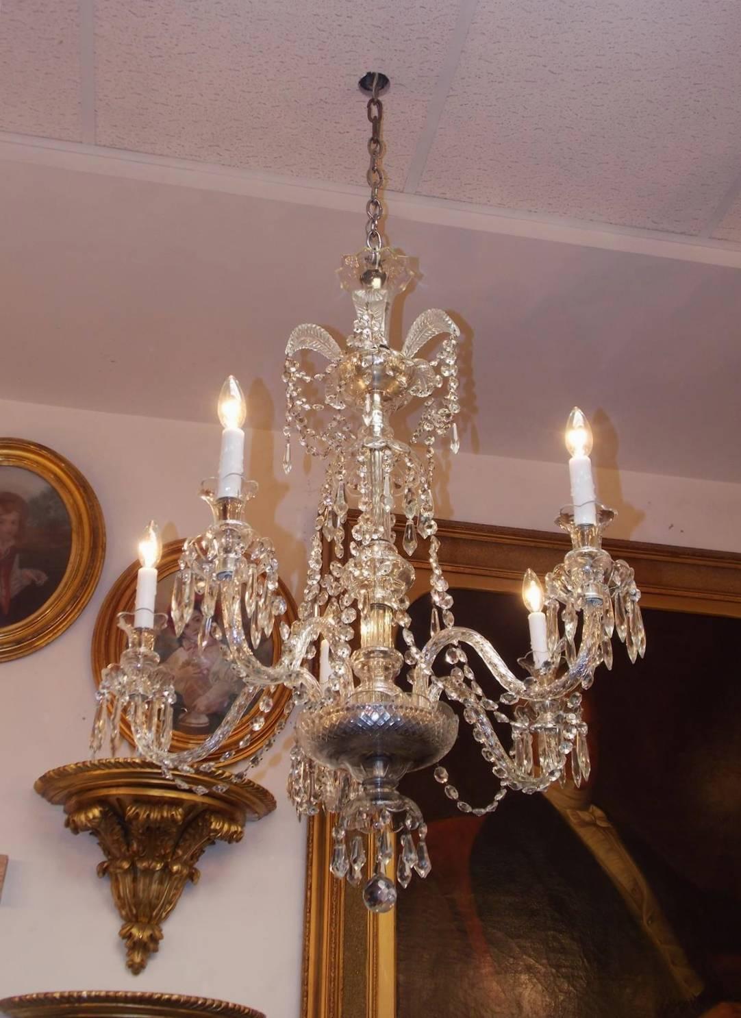 Neoclassical Anglo-Irish Cut Crystal Decorative Feather Five-Arm Chandelier, Circa 1840