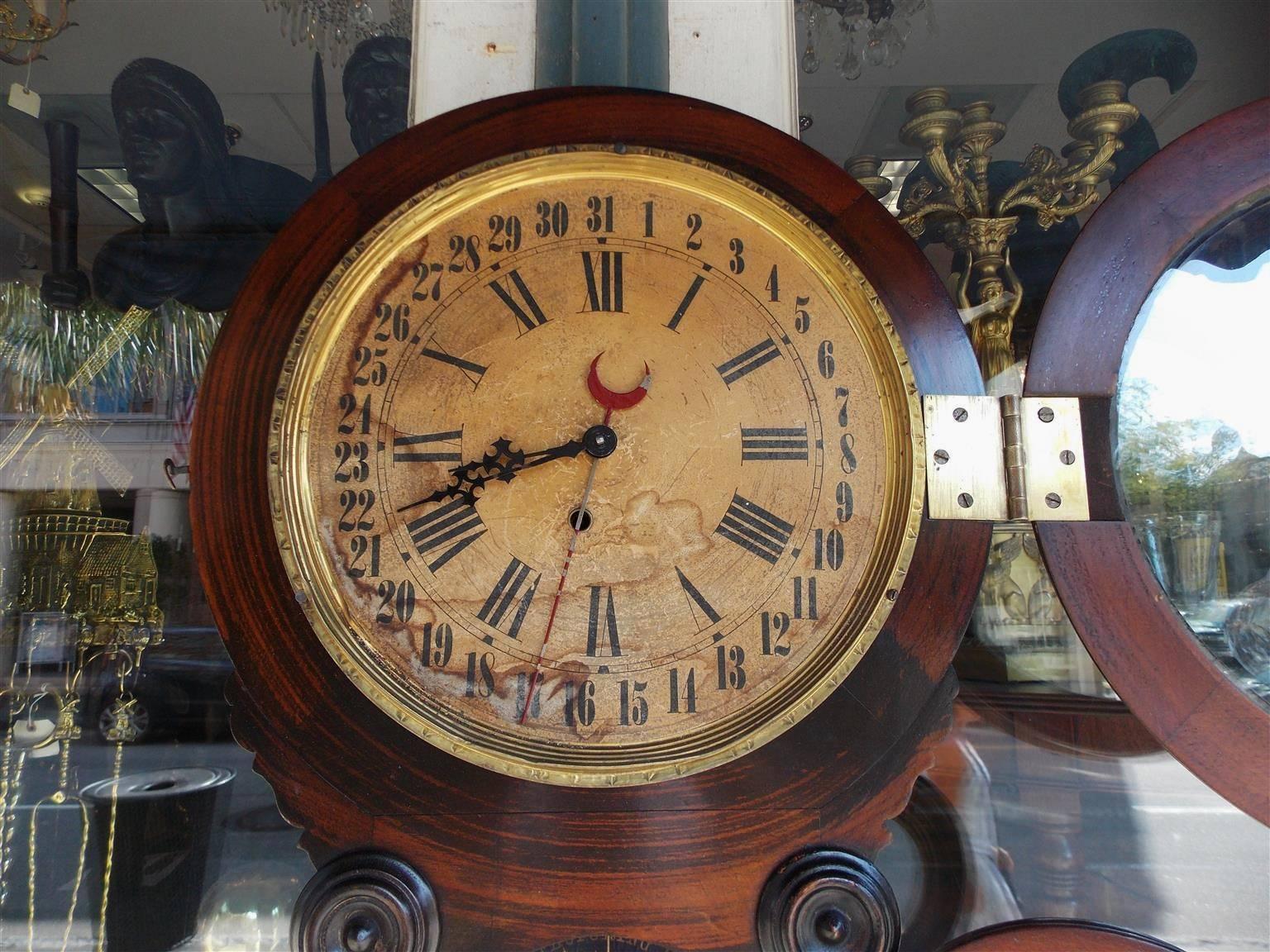 Glass American Faux Painted Rosewood Calendar Clock, Lovell Manf Co, PA, Circa 1830