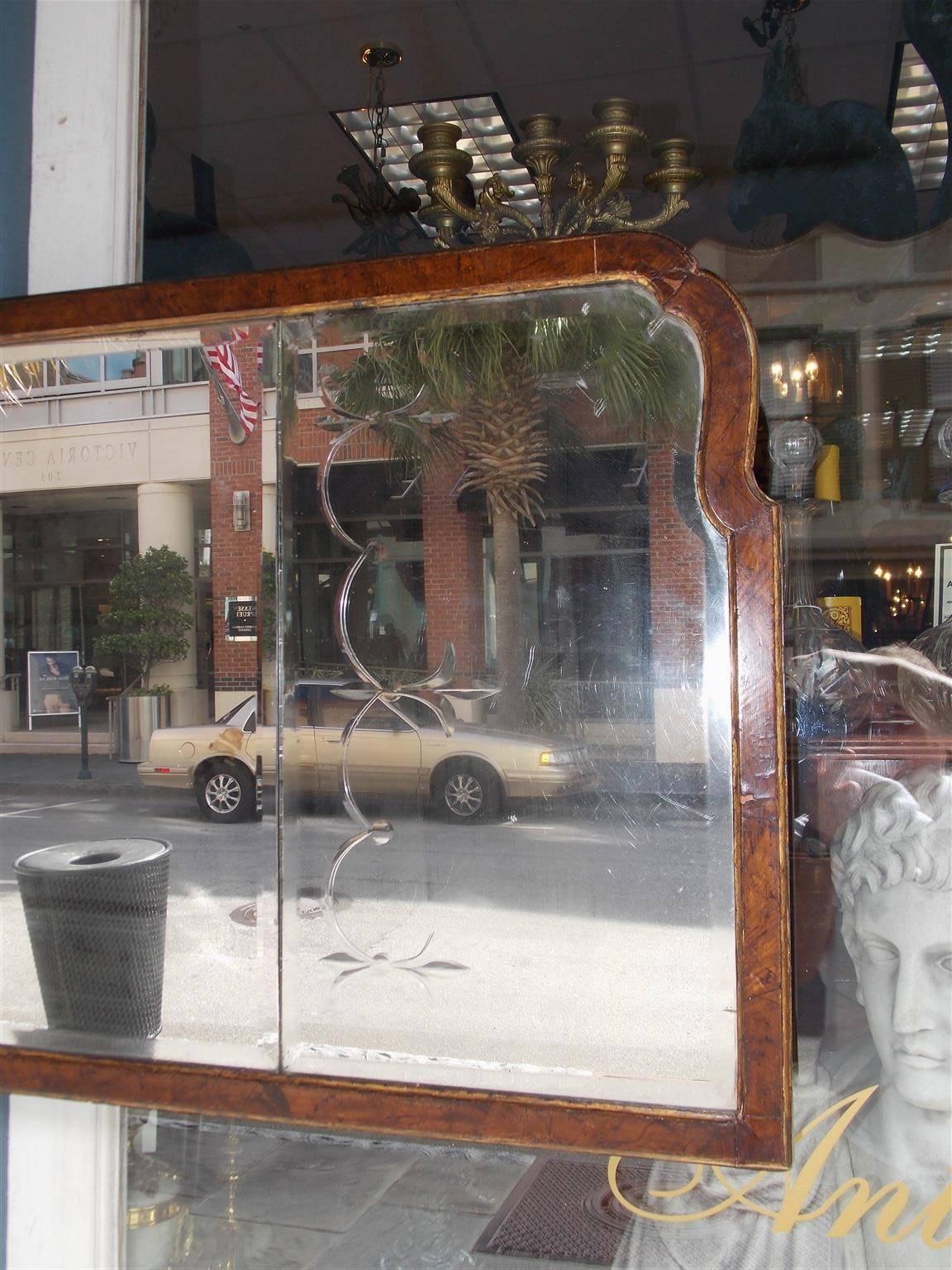 Mid-18th Century English Georgian Burl Walnut and Gilt Engraved Overmantel Mirror, Circa. 1760 For Sale