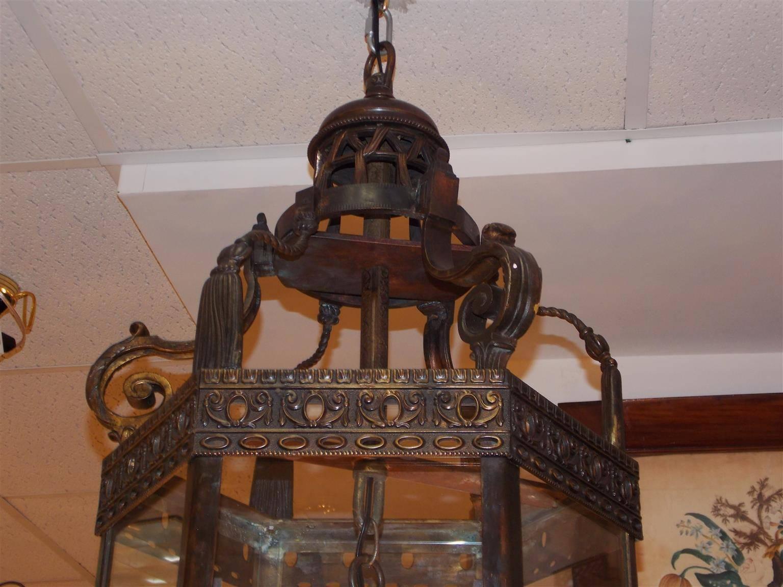 Neoclassical Italian Bronze Hexagon Decorative Tassel Hanging Hall Lantern, Circa 1820 For Sale