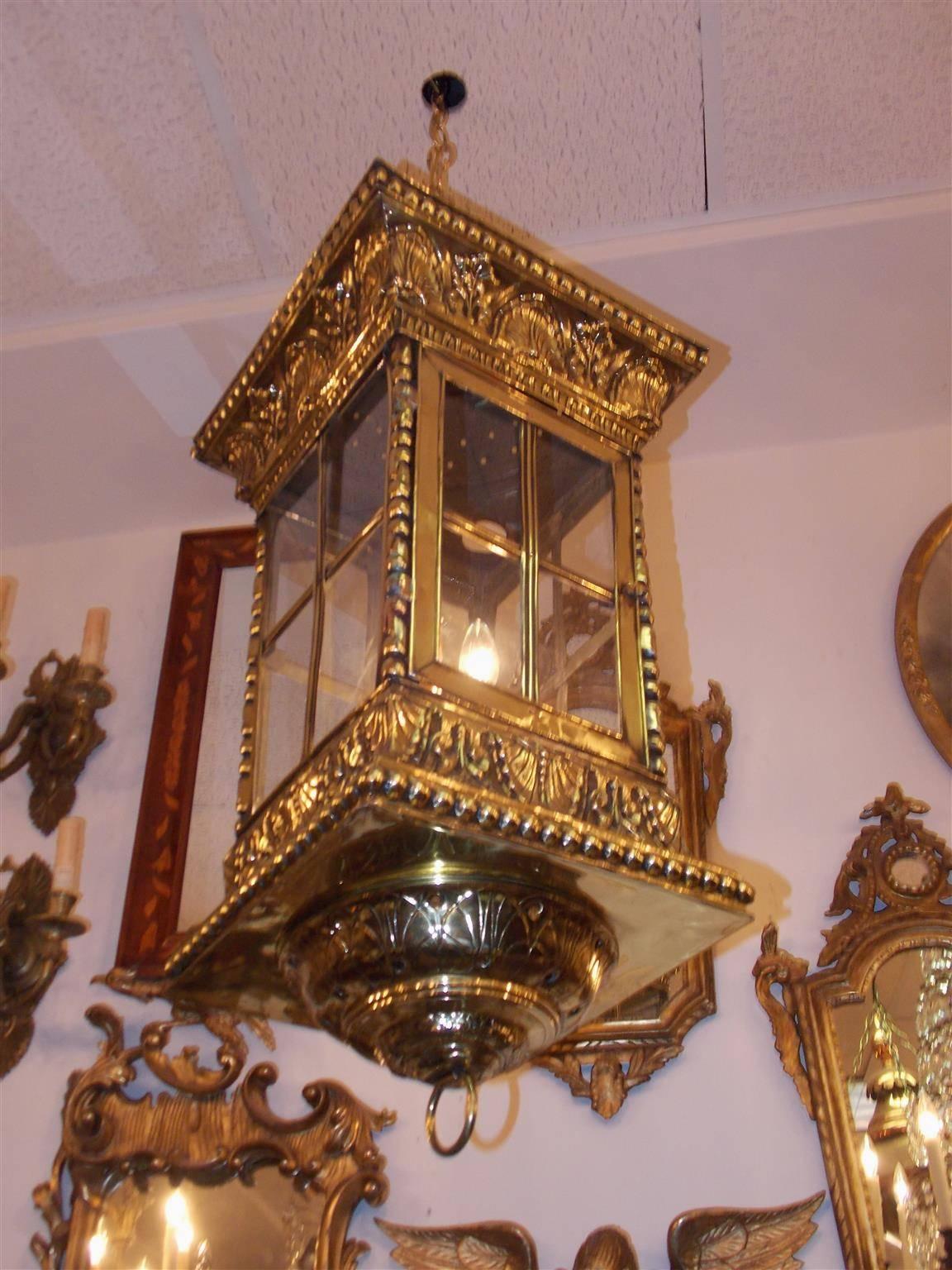 Cast French Brass Shell and Foliage Hanging Glass Hall Lantern, Circa 1830 For Sale