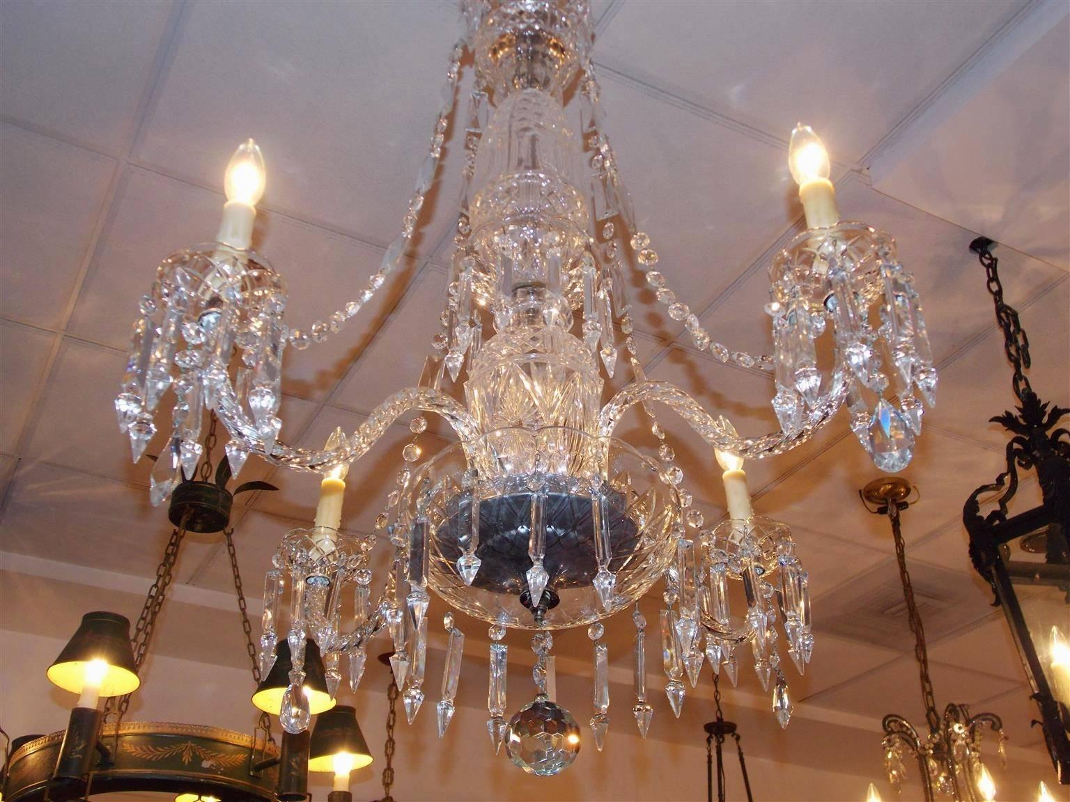 Hand-Crafted English Cut Crystal and Bulbous Cascading Four-Arm Chandelier, Circa 1870 For Sale