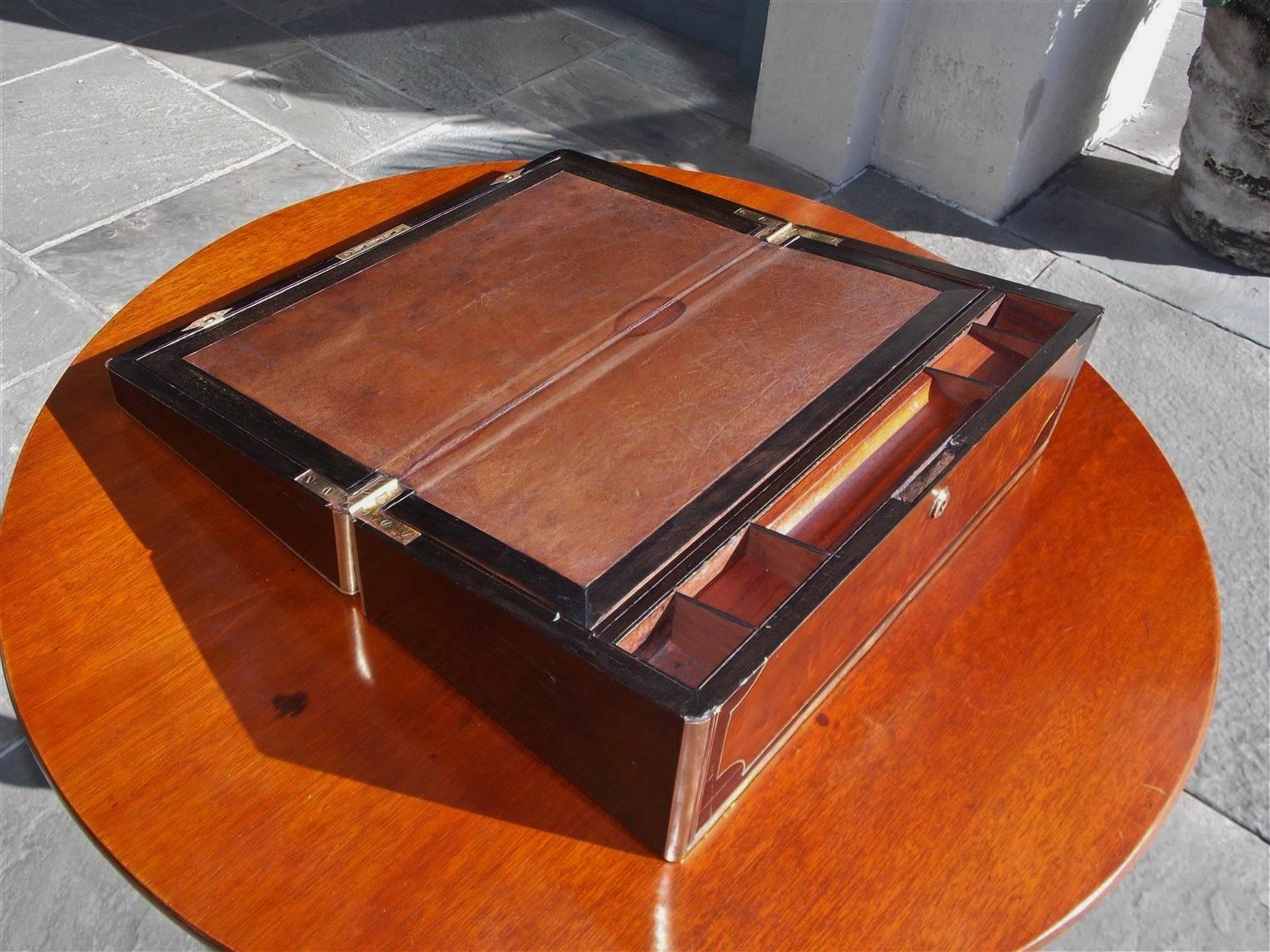 George III English Burl Walnut and Mounted Brass Fitted Interior Writing Desk, Circa 1820