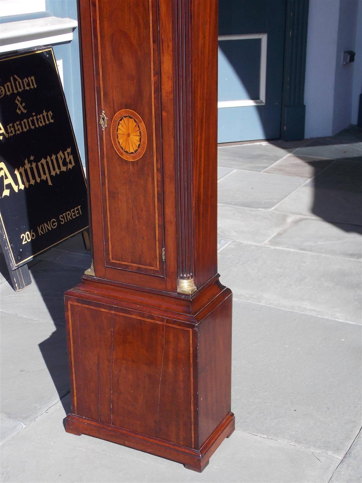 Late 18th Century Scottish Mahogany Swan Neck Satinwood Patera Inlaid Tall Case Clock, Circa 1780 For Sale
