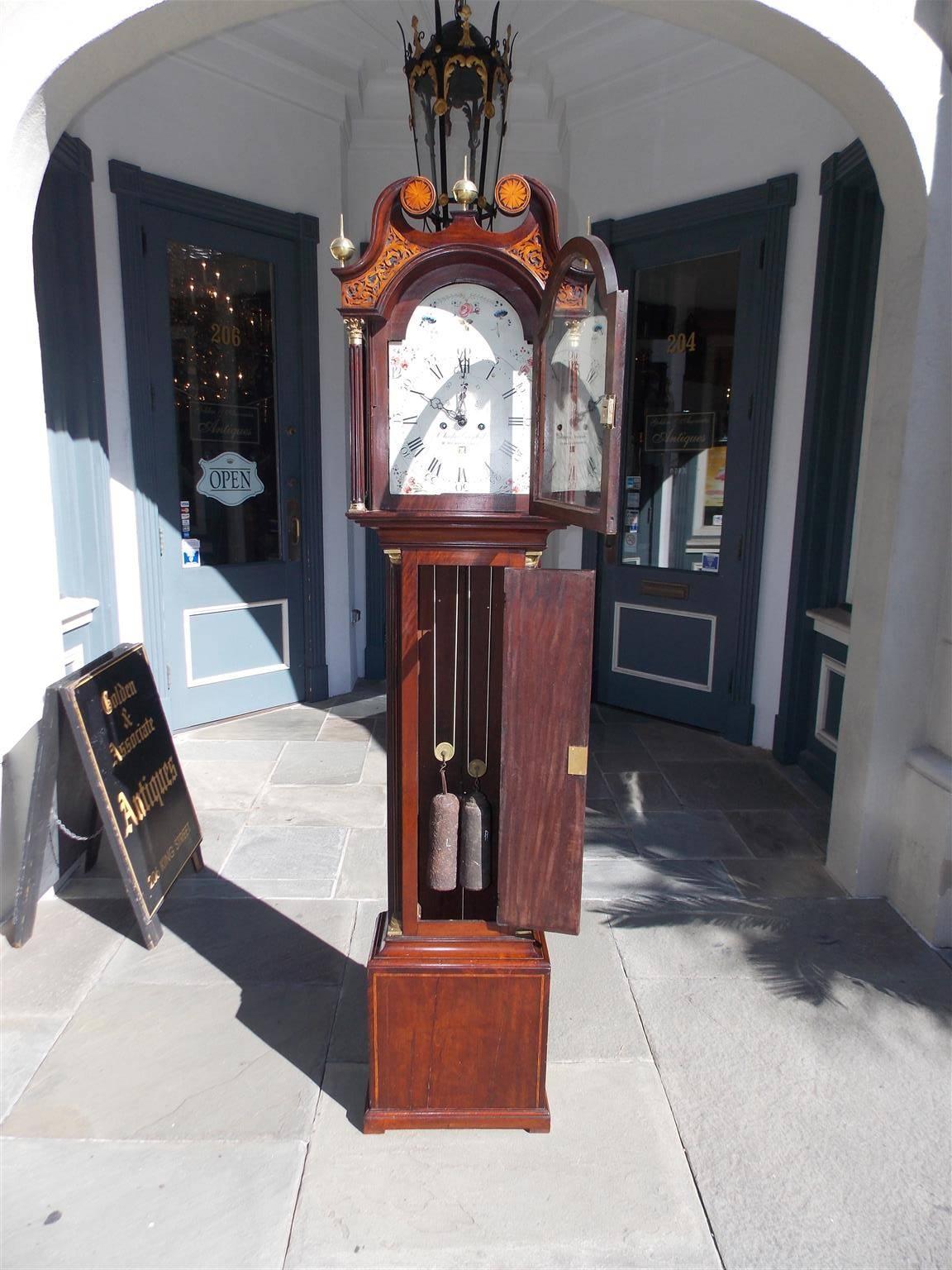 Hand-Carved Scottish Mahogany Swan Neck Satinwood Patera Inlaid Tall Case Clock, Circa 1780 For Sale