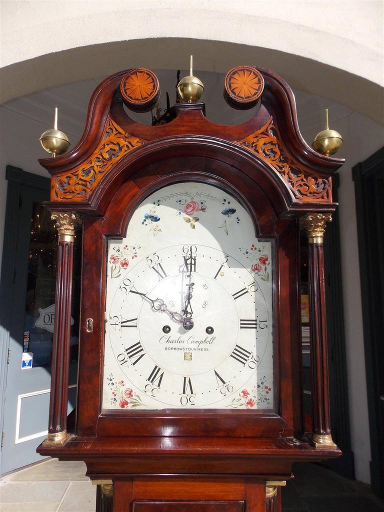 Scottish Mahogany Swan Neck Satinwood Patera Inlaid Tall Case Clock, Circa 1780 For Sale at 1stDibs