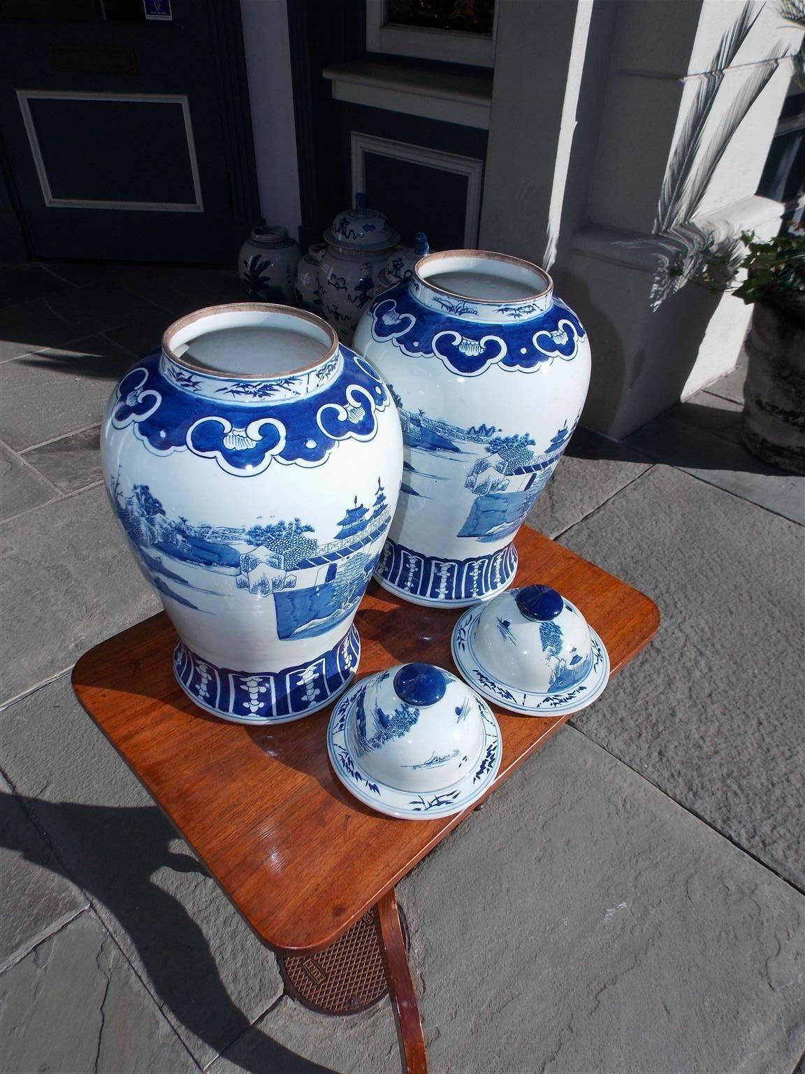 Pair of Chinese Porcelain Glazed Blue & White Temple Jars with Lids, 20th Cent. 1