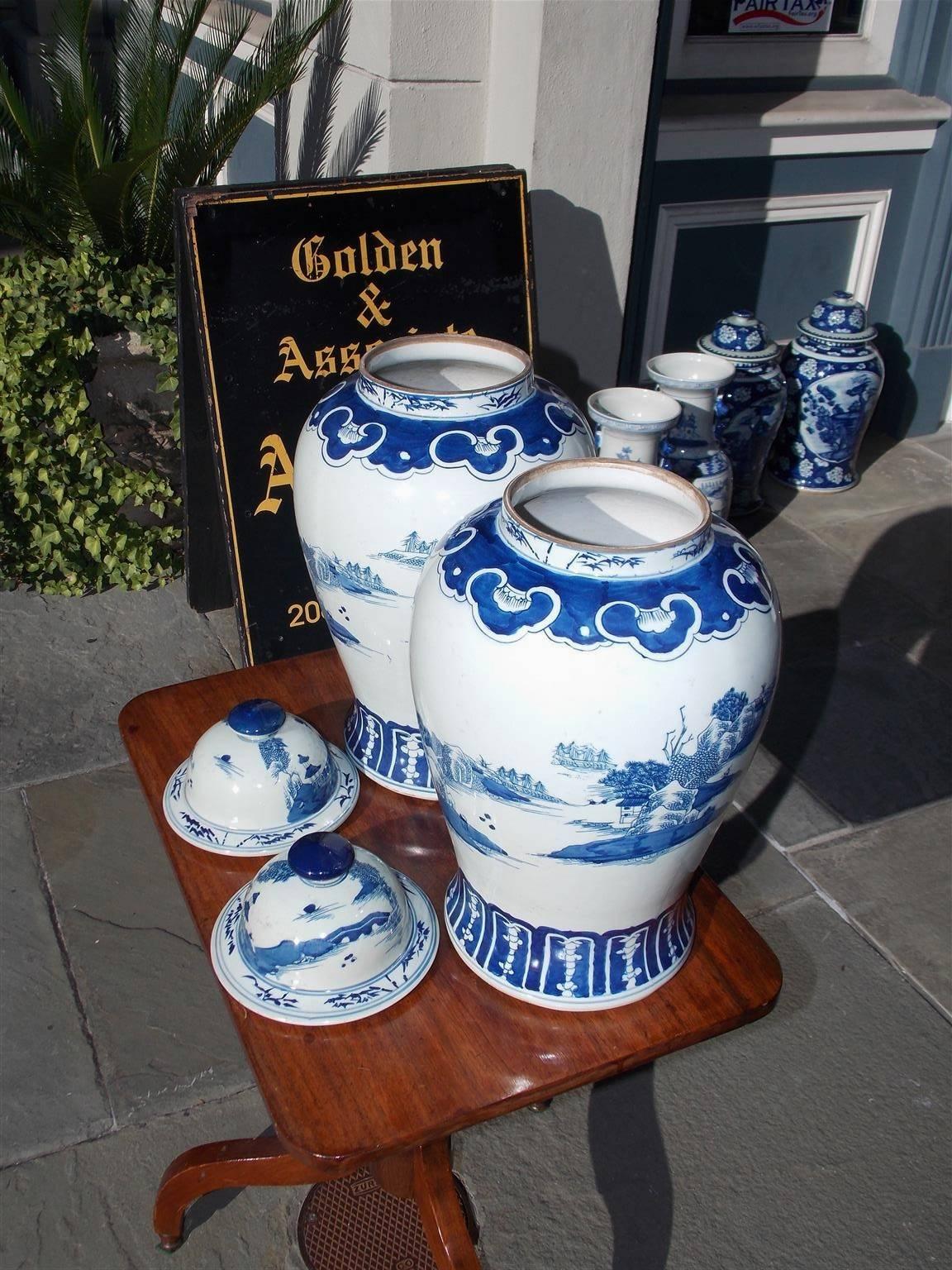 Pair of Chinese Porcelain Glazed Blue & White Temple Jars with Lids, 20th Cent. 5