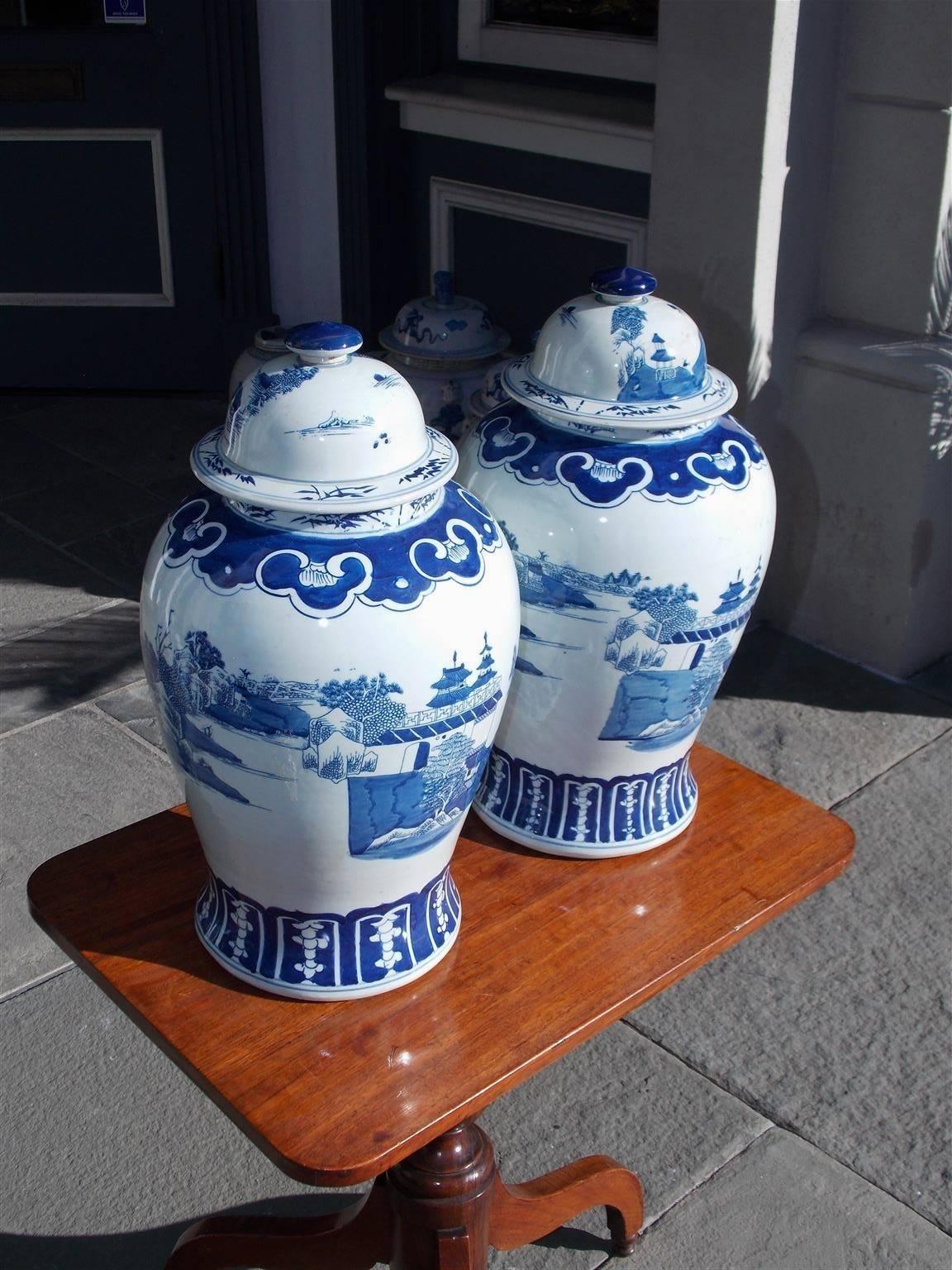Chinese Export Pair of Chinese Porcelain Glazed Blue & White Temple Jars with Lids, 20th Cent.