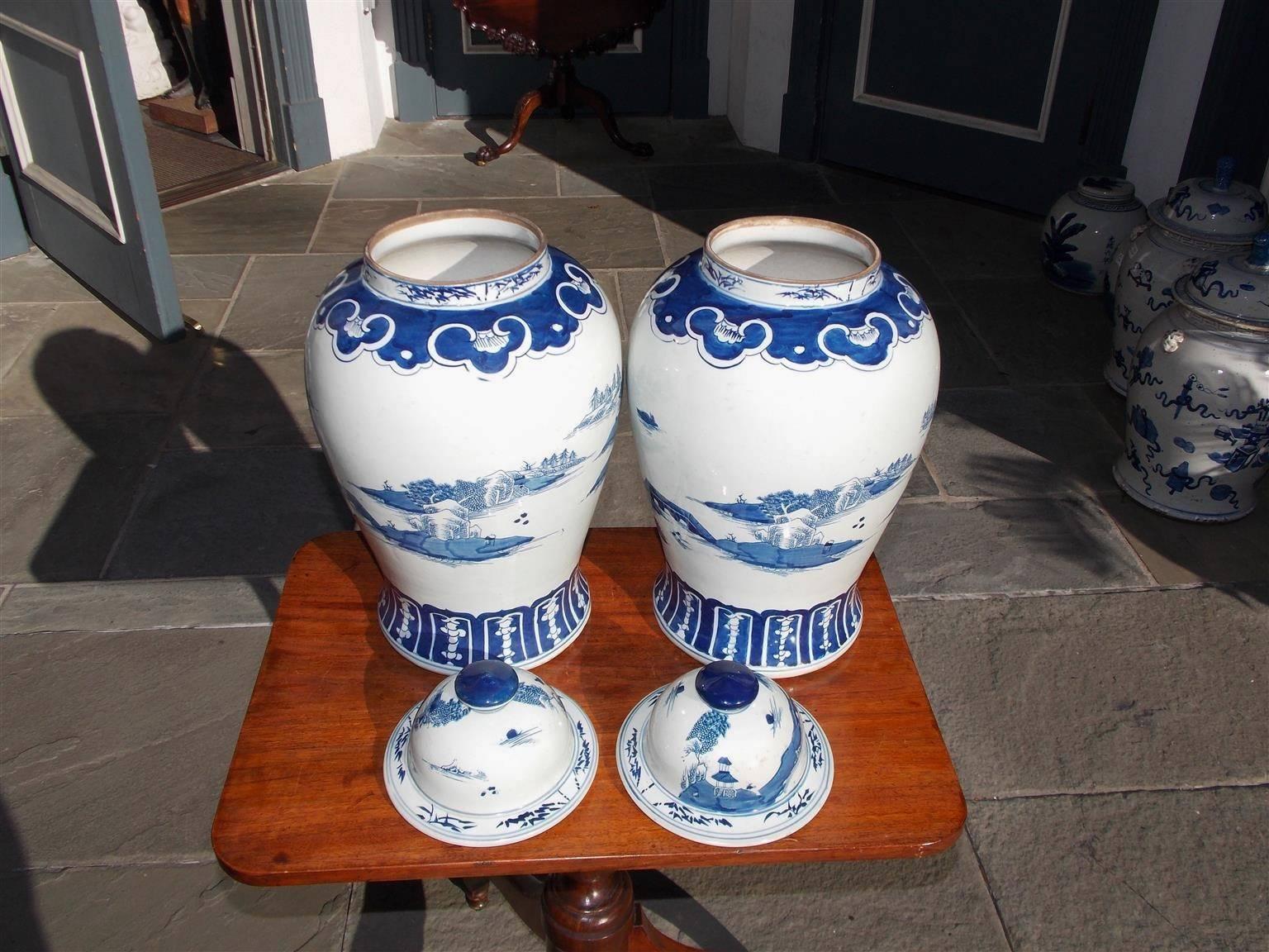 Pair of Chinese Porcelain Glazed Blue & White Temple Jars with Lids, 20th Cent. 4