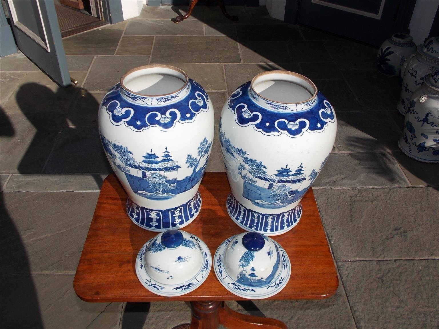 Pair of Chinese Porcelain Glazed Blue & White Temple Jars with Lids, 20th Cent. 3
