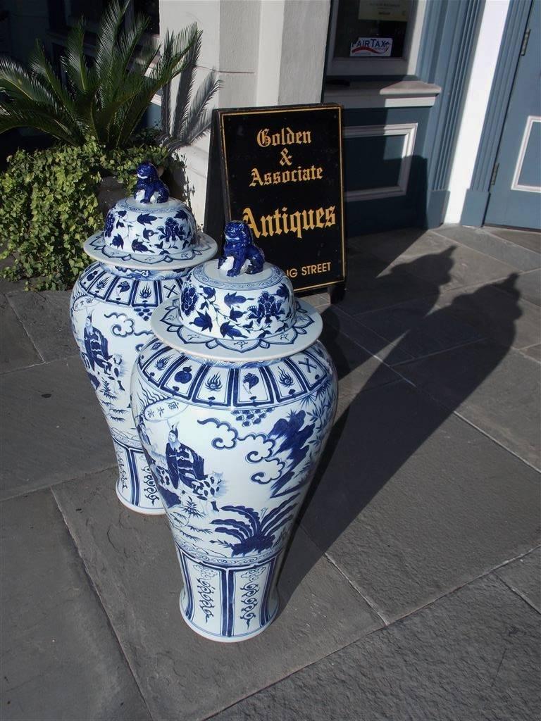 Pair of Monumental Chinese Porcelain Glazed Foo Dog Temple Urns, 20th Century In Excellent Condition In Hollywood, SC