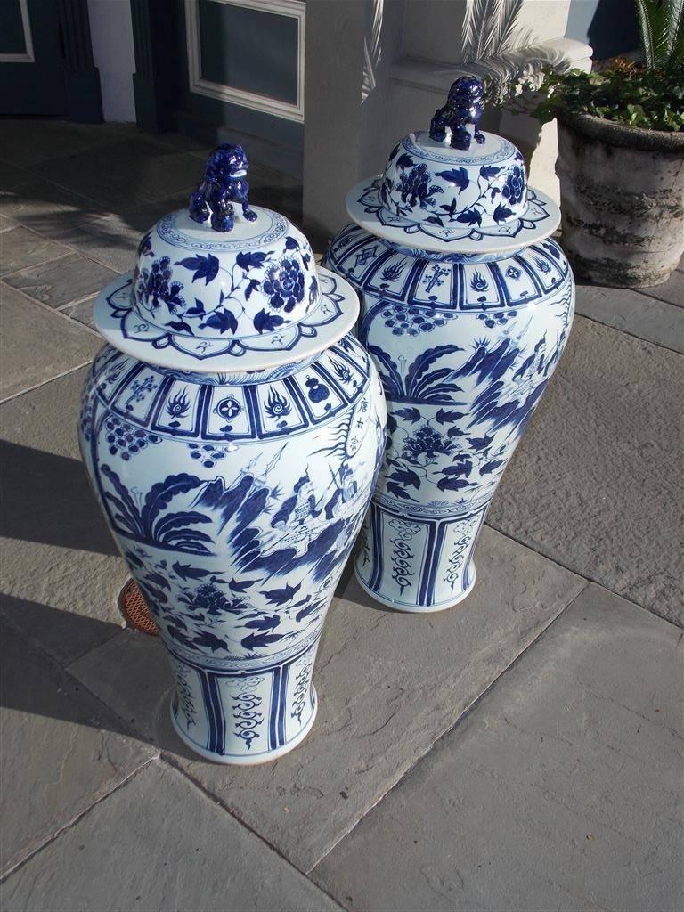 Chinese Export Pair of Monumental Chinese Porcelain Glazed Foo Dog Temple Urns, 20th Century