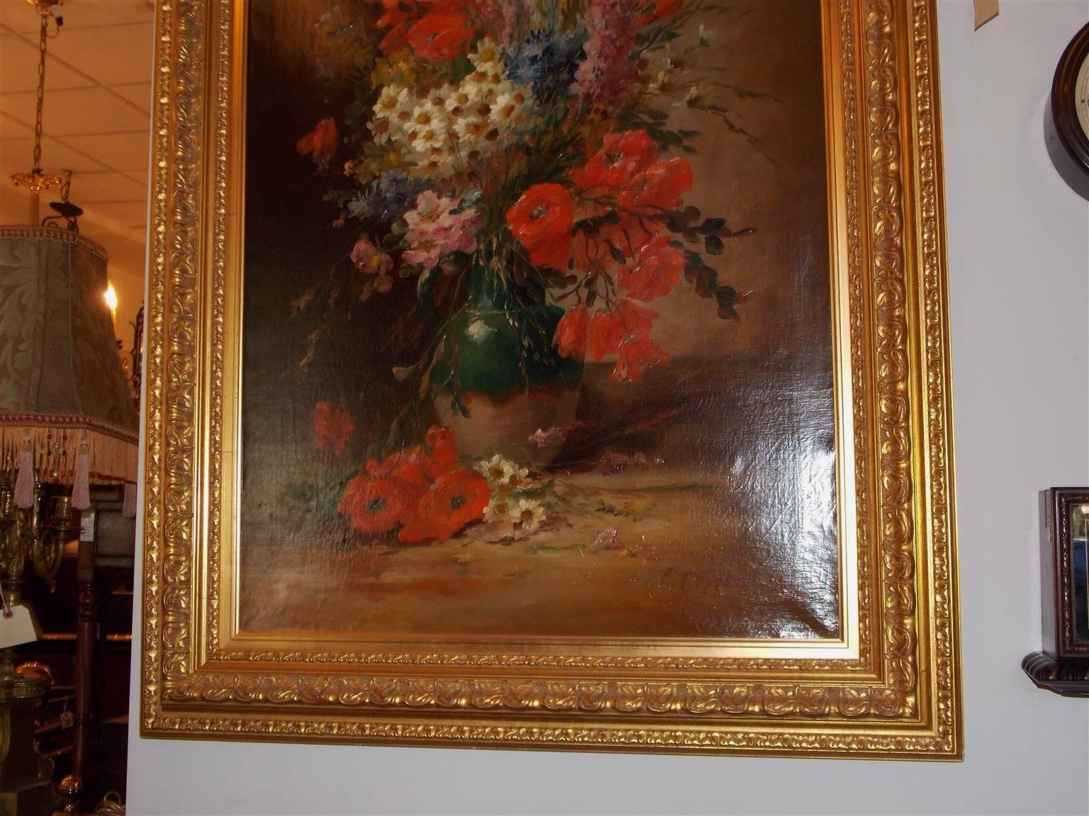 Belgian Oil on Canvas Framed Still Life of Summer Flowers. E.V. Coppenolle, Circa 1870
