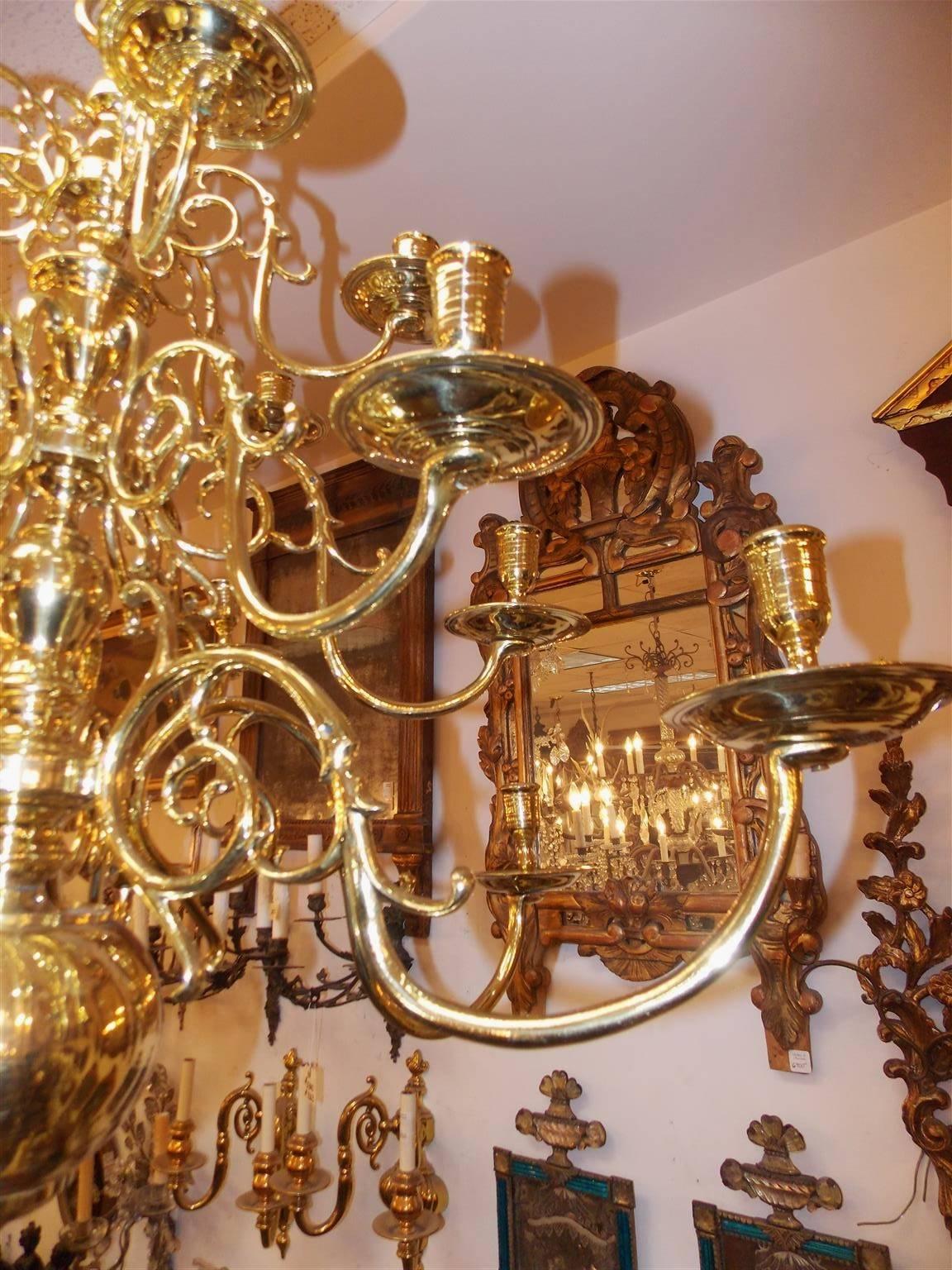 Cast Dutch Colonial Brass Three-Tier Bulbous and Scrolled Chandelier, Circa 1760