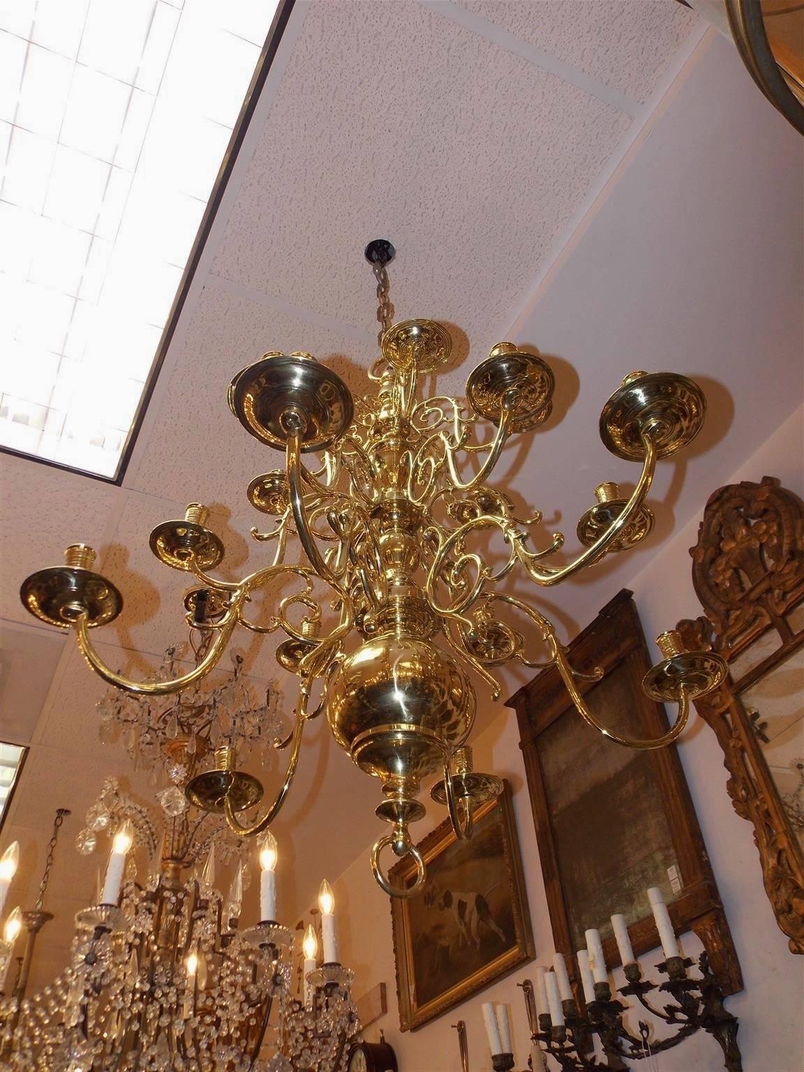 Mid-18th Century Dutch Colonial Brass Three-Tier Bulbous and Scrolled Chandelier, Circa 1760